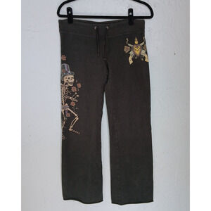 Lucky Brand Vintage Black Sweatpants Y2K Skeleton Revolvers Heart Roses Sz XS